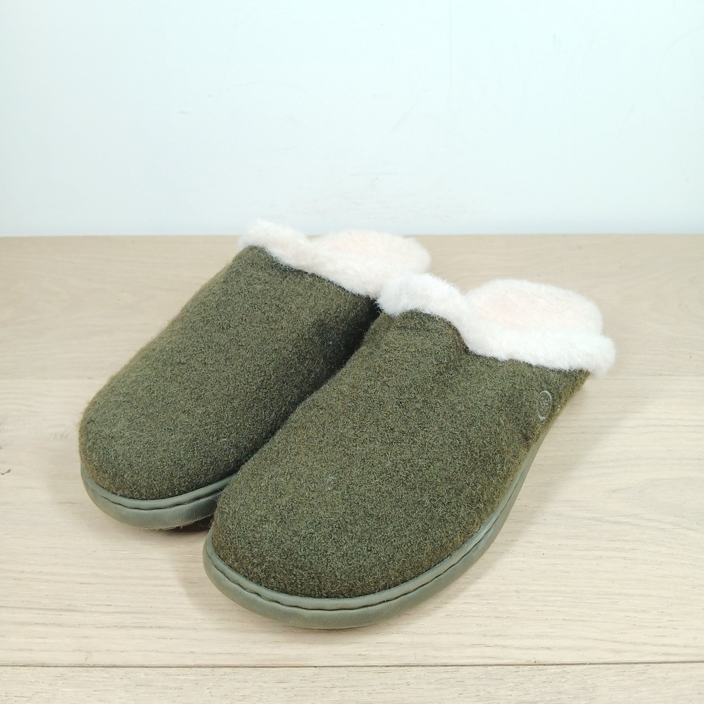 Born Zola Slippers Women 10 Olive Green Wool Faux Fur Lining Slip On Scuffs